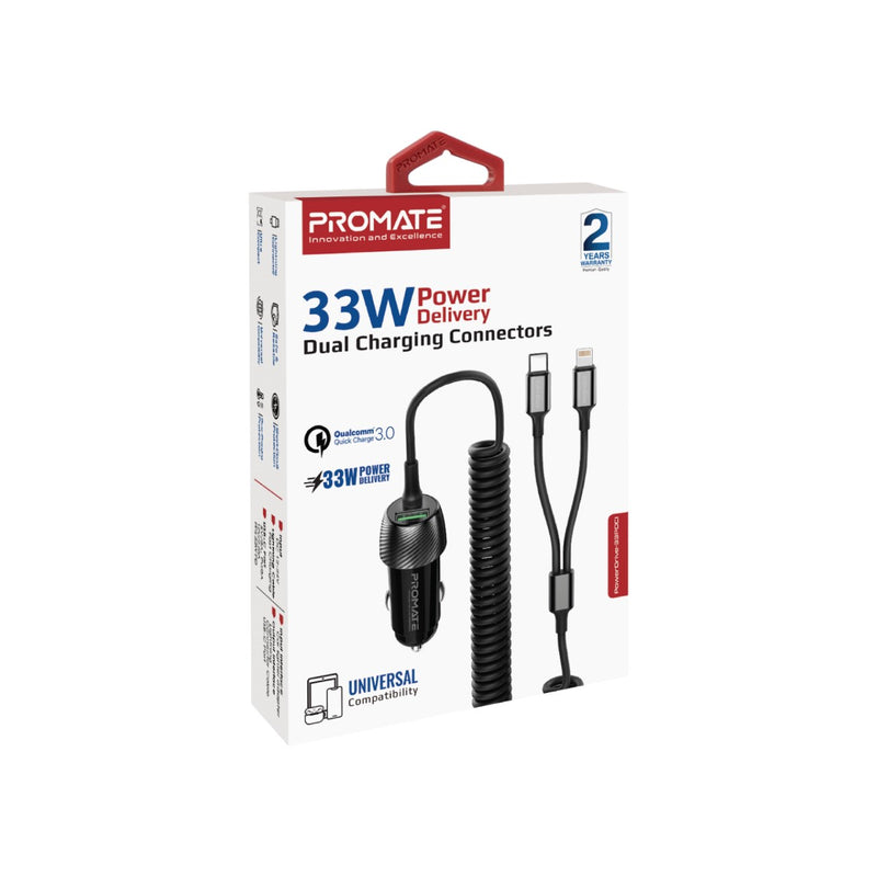 Promate 33W Car Charger with Lightning Connector & USB-C Cable (PowerDrive-33PDCI)