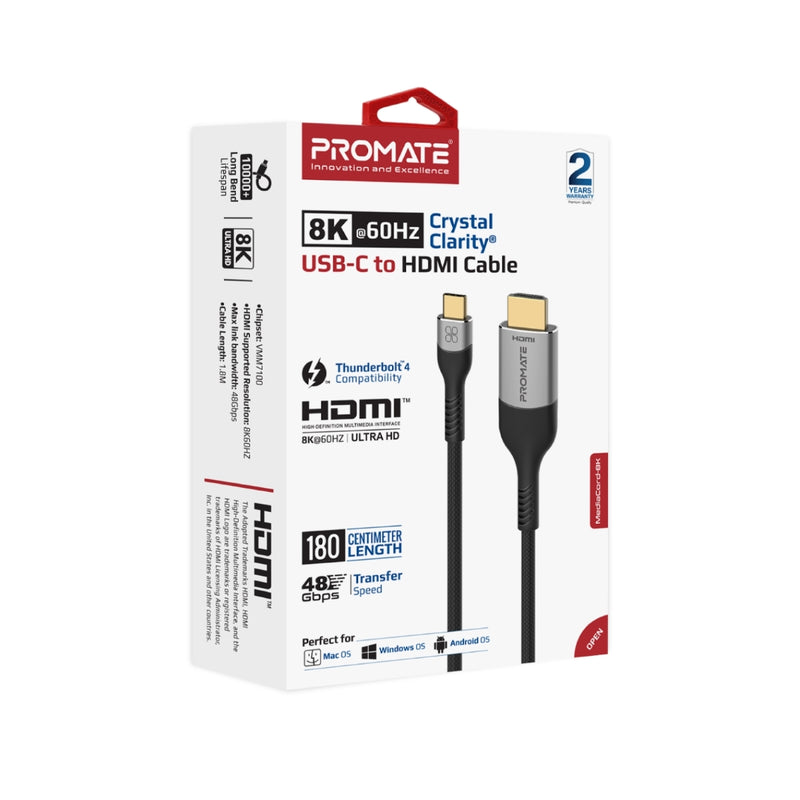 Promate 8K CrystalClarity™ USB-C to HDMI Cable (MediaCord-8K)