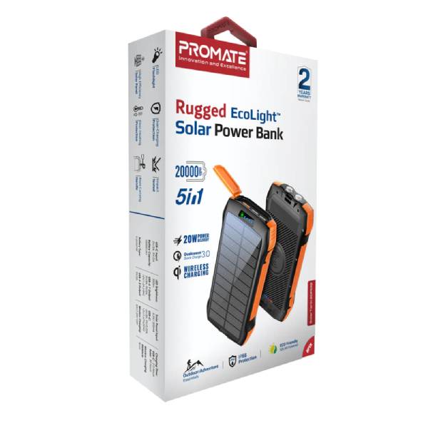 Promate SolarTank-20PDQi 20000mAh Rugged EcoLight™ Solar Power Bank