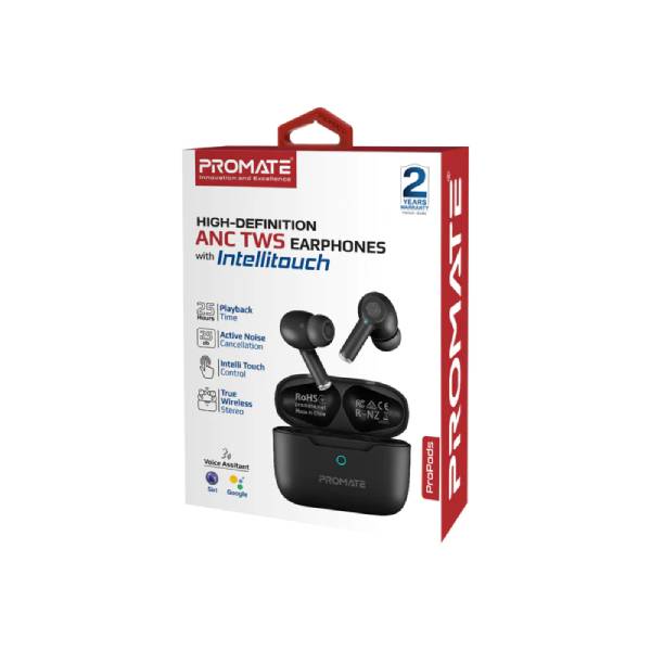 Promate ProPods.BLACK High-Definition ANC TWS Earphones with intellitouch