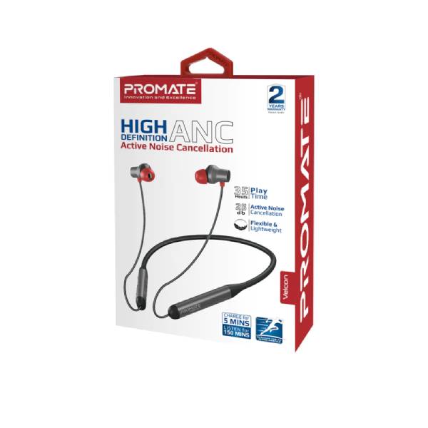 Promate Velcon.BLACK High-Definition ANC Wireless Neckband Earphones