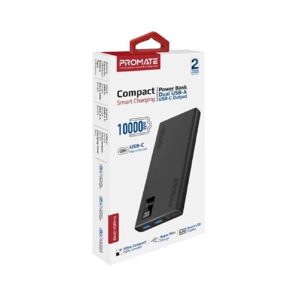 Promate Bolt-10PRO.BLACK 10000mAh Compact Smart Charging Power Bank with Dual USB-A & USB-C Output