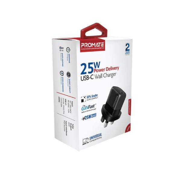 Promate POWERPORT-25.UK-BK 25W Power Delivery USB-C Wall Charger