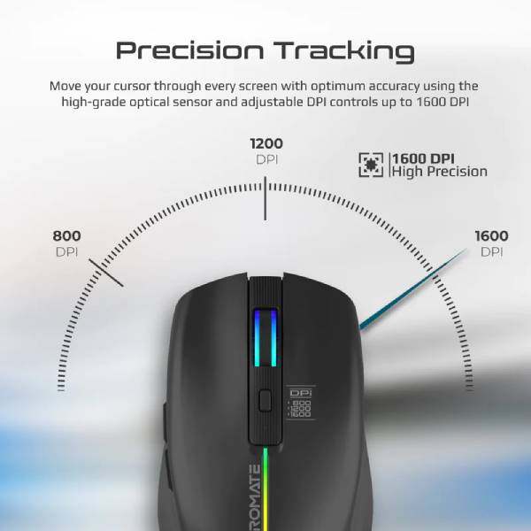 Promate 2.4GHz Wireless Ergonomic Optical Mouse with LED Rainbow Lights Kitt.BLACK