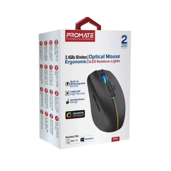 Promate 2.4GHz Wireless Ergonomic Optical Mouse with LED Rainbow Lights Kitt.BLACK