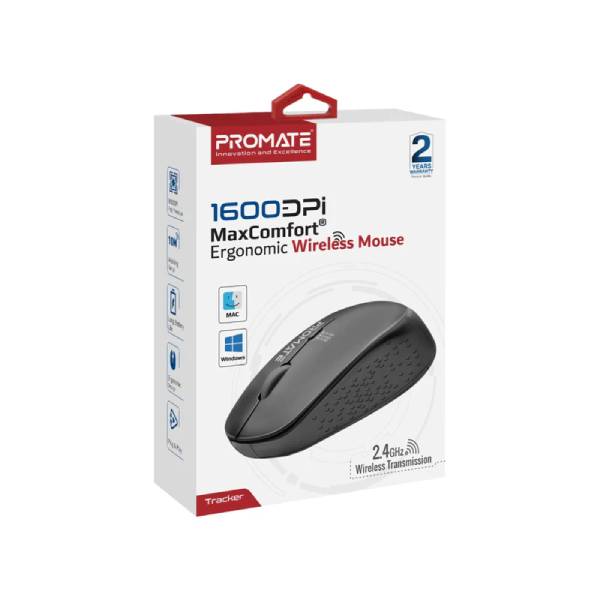 Promate 1600DPI MaxComfort® Ergonomic Wireless Mouse TRACKER.BLACK