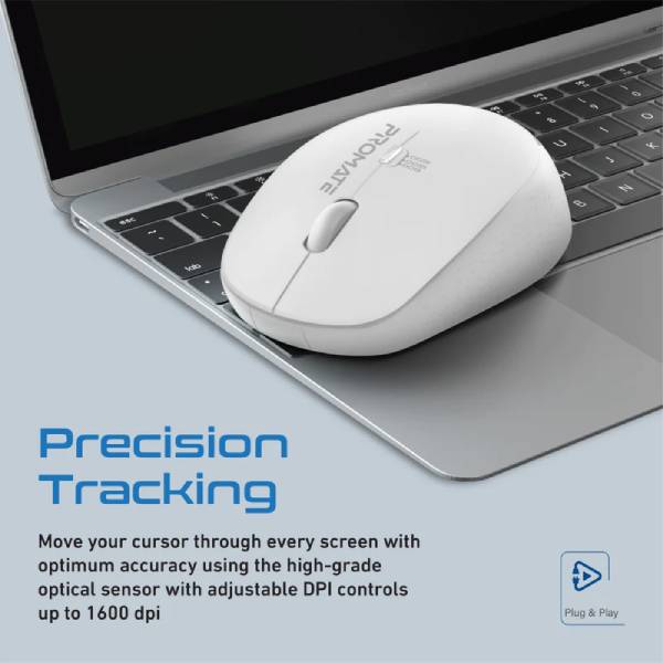 Promate 1600DPI MaxComfort® Ergonomic Wireless Mouse TRACKER.White 