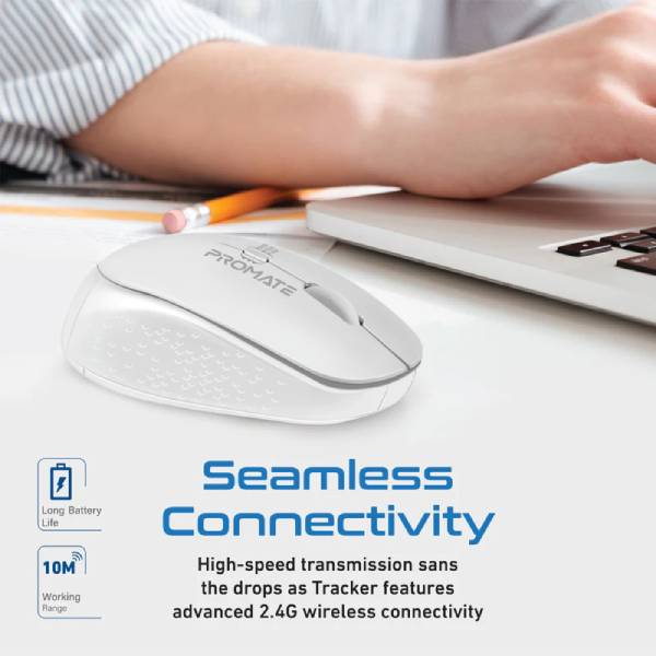 Promate 1600DPI MaxComfort® Ergonomic Wireless Mouse TRACKER.White 