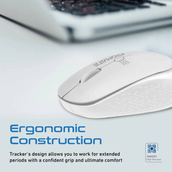 Promate 1600DPI MaxComfort® Ergonomic Wireless Mouse TRACKER.White 