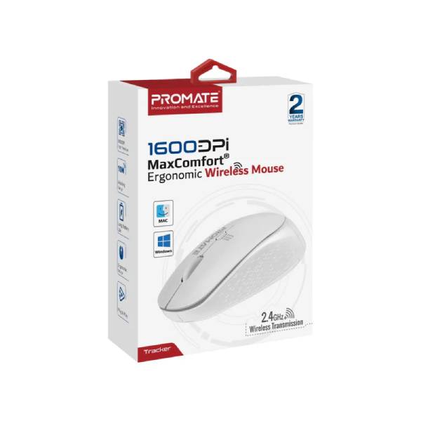 Promate 1600DPI MaxComfort® Ergonomic Wireless Mouse TRACKER.White 