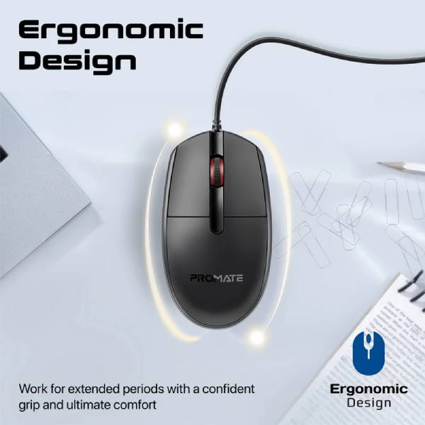 Promate CM1200 Ergonomic Design Wired Optical Mouse