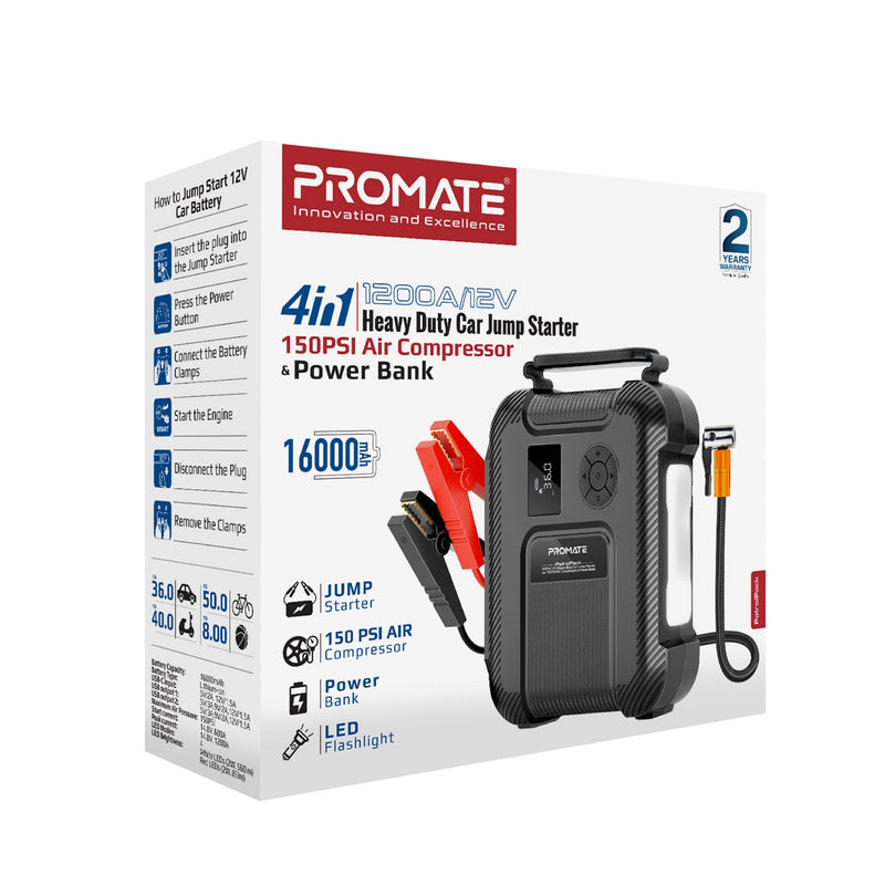 Promate PATROLPACK 1200A/12V Heavy Duty Car Jump Starter with 150PSI Air Compressor & Power Bank