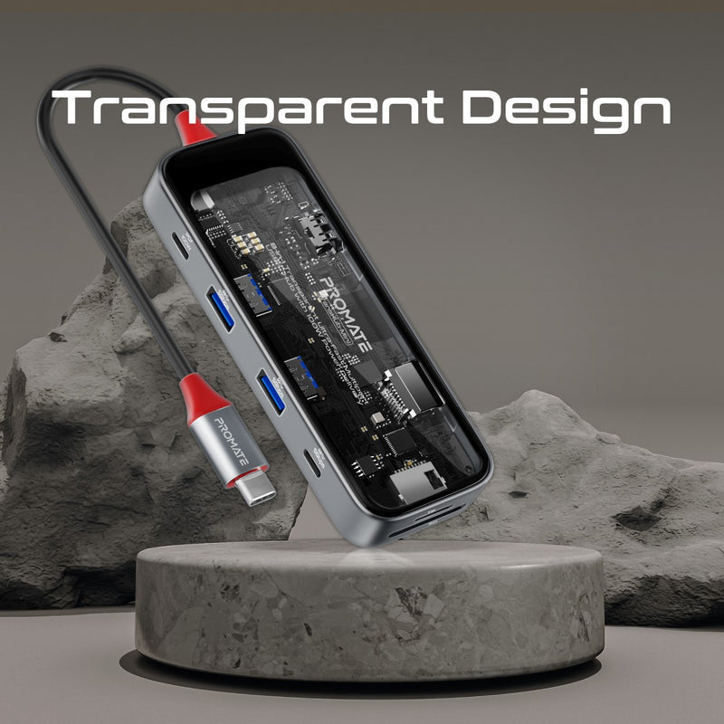 Promate 8-in 1 Transparent Ultra-Fast Multiport USB-C Hub with 100W Power Delivery TRANSHUB-MINI