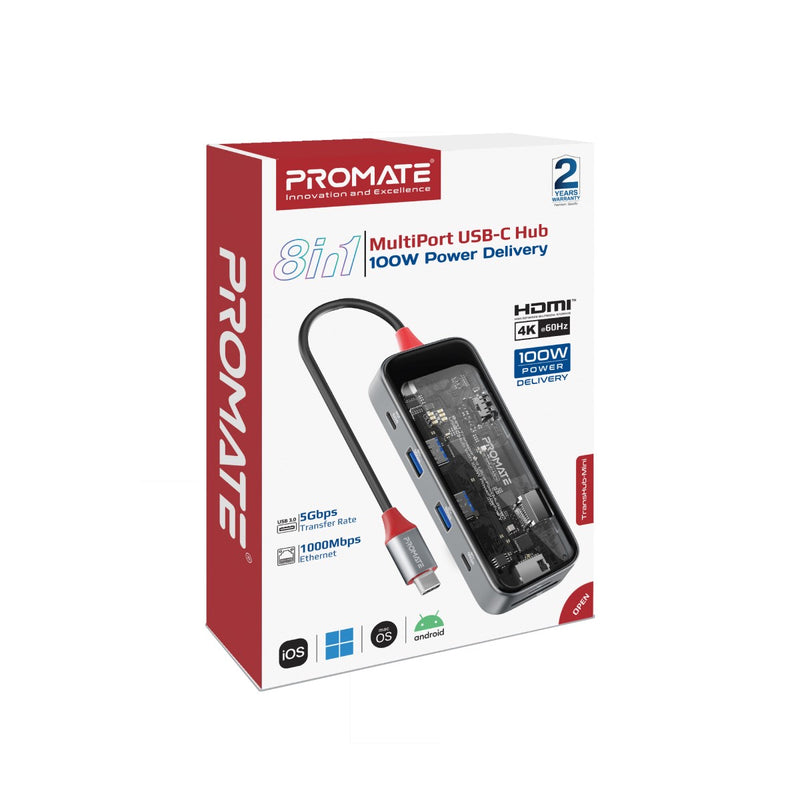 Promate 8-in 1 Transparent Ultra-Fast Multiport USB-C Hub with 100W Power Delivery TRANSHUB-MINI