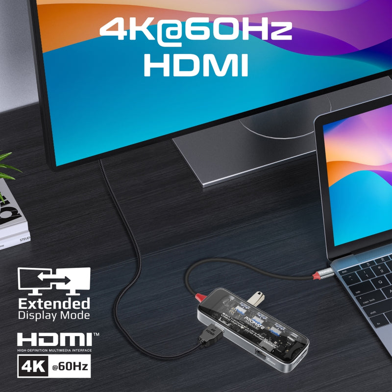 Promate 9-in 1 Transparent Ultra-Fast Multiport USB-C Hub with 100W Power Delivery TRANSHUB-GO