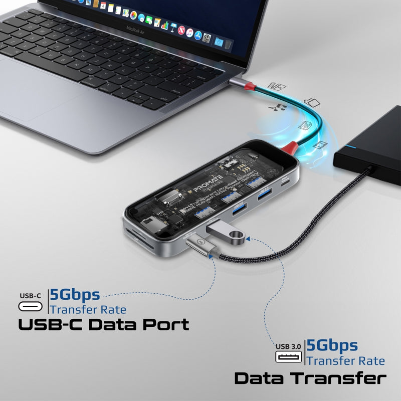 Promate 9-in 1 Transparent Ultra-Fast Multiport USB-C Hub with 100W Power Delivery TRANSHUB-GO