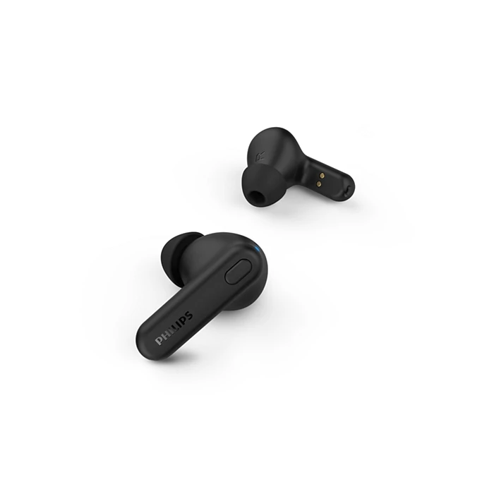 Philips True Wireless Earphones (TAT1108BK/97) 6mm Driver, IPX4, AI mic, 5 hours playtime + 10 hours Case charging playtime, 2 Hours charge time, 35 mAh earpiece, 250 mAh Case, USB-C charging Cable incl, Charging Case incl, BT 5.3, Black
