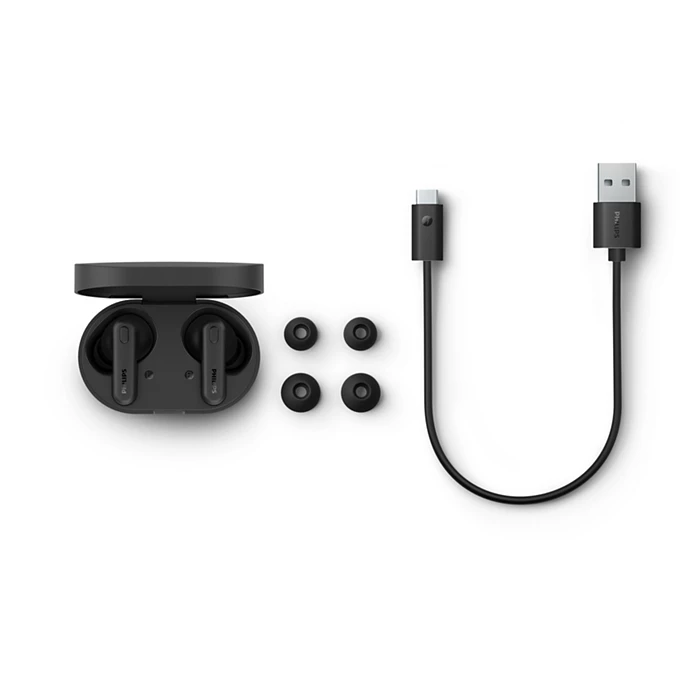 Philips True Wireless Earphones (TAT1108BK/97) 6mm Driver, IPX4, AI mic, 5 hours playtime + 10 hours Case charging playtime, 2 Hours charge time, 35 mAh earpiece, 250 mAh Case, USB-C charging Cable incl, Charging Case incl, BT 5.3, Black