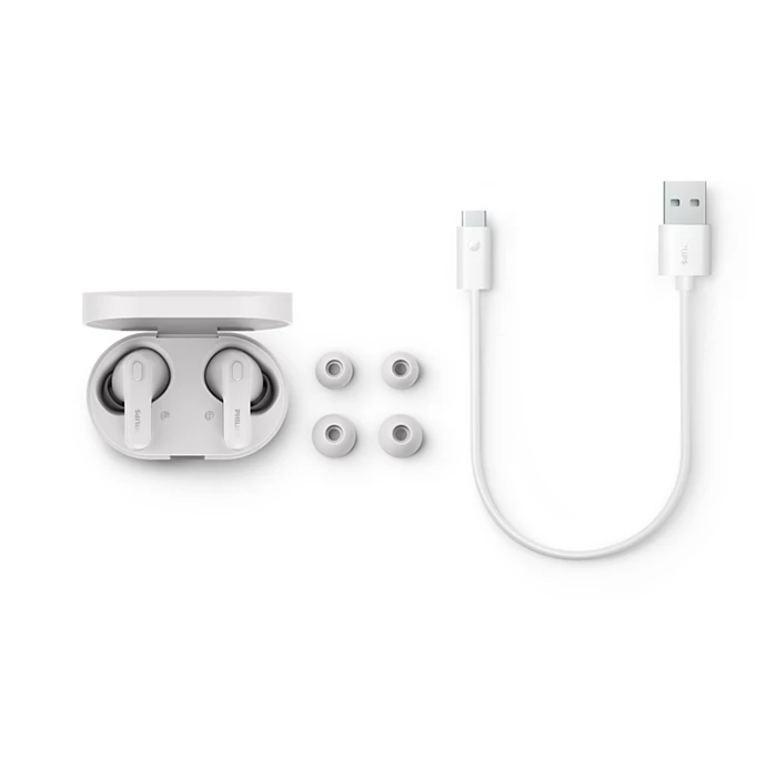 Philips True Wireless Earphones (TAT1108WT/97) 6mm Driver, IPX4, AI mic, 5 hours playtime + 10 hours Case charging playtime, 2 Hours charge time, 35 mAh earpiece, 250 mAh Case, USB-C charging Cable incl, Charging Case incl, BT 5.3, White