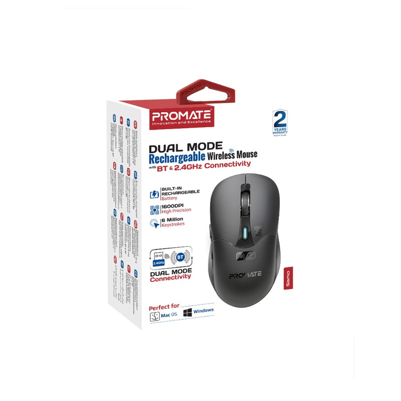 Promate Dual Mode Rechargeable Wireless Mouse with BT & RF Connectivity KEN.BLACK