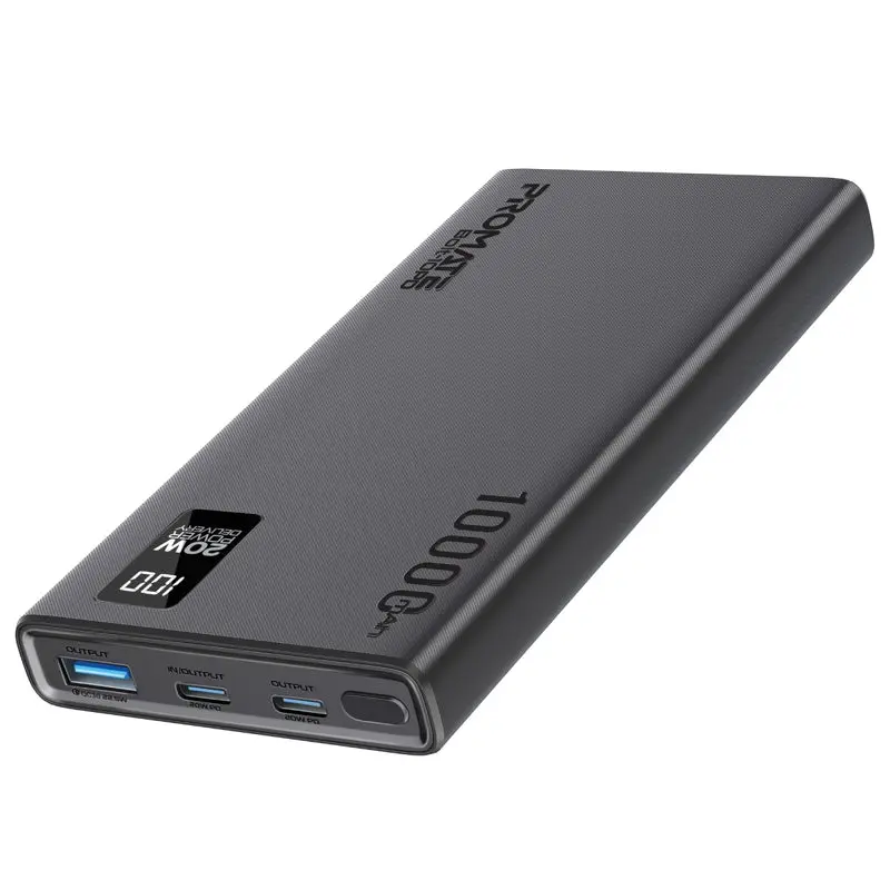 Promate Bolt-10PD.BLACK 10000mAh Compact Smart Charging Power Bank with 20W PD Dual USB-C and 22.5W USB-A Ports
