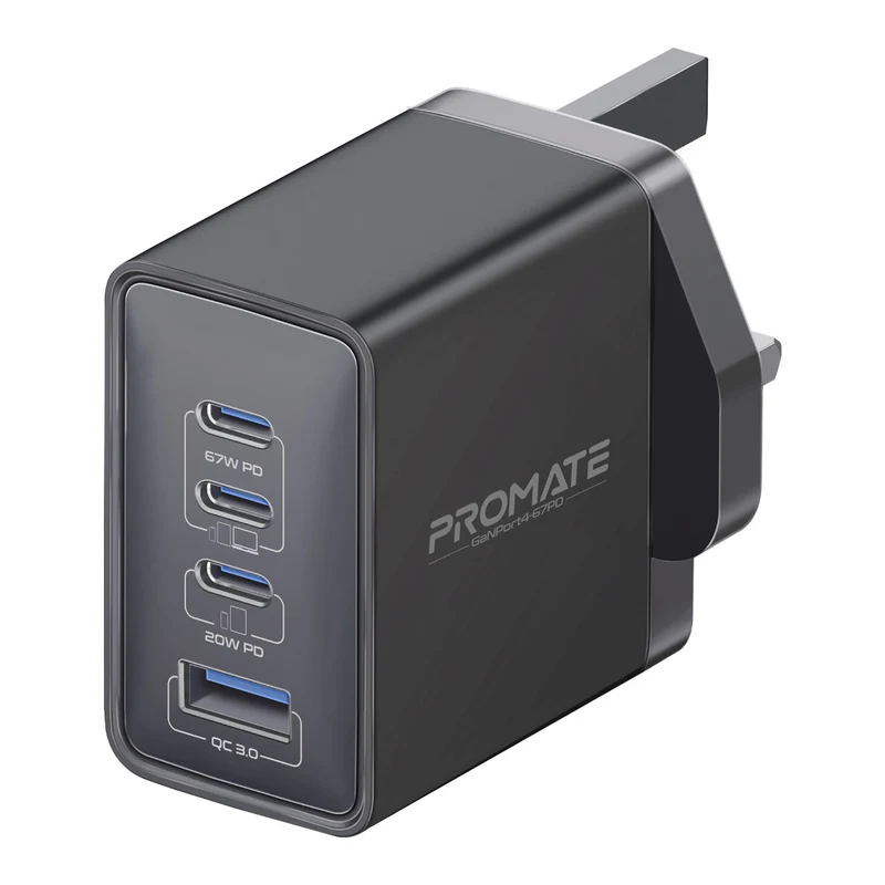 Promate 67W Power Delivery GaNFast™ Charger with Quick Charge 3.0 (GANPORT4-67PD.BLACK.UK)