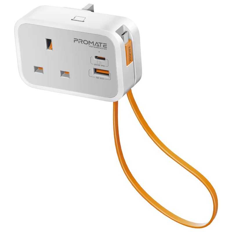 Promate Multi-Function AC Socket Charger with Built-In 20W PD USB-C Cable VERSASOCKET