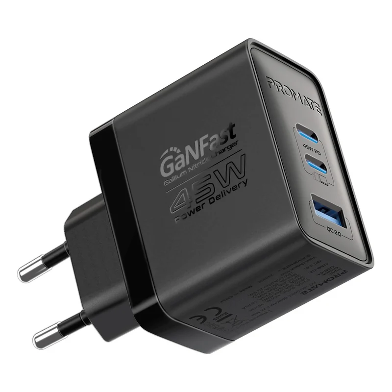 Promate 45W Power Delivery GaNFast™ Charger with Quick Charge 3.0 POWERPORT-45.BLACK.UK