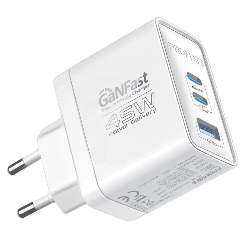 Promate 45W Power Delivery GaNFast™ Charger with Quick Charge 3.0 POWERPORT-45.WHITE.UK