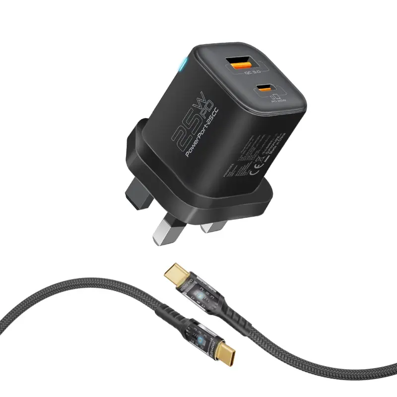 Promate 25W Dual Port Adapter Combo with 60W Fast Charging USB-C Cable (PowerPort-25CC.Black.UK)