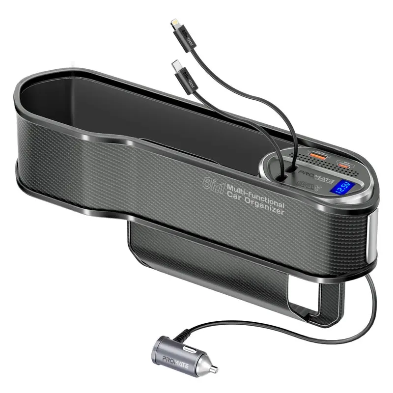 PROMATE 65W Multi-Functional Car Organizer and Charging Station with USB-C & Lightning Retractable Cables (CarMate-RPD.BLACK)