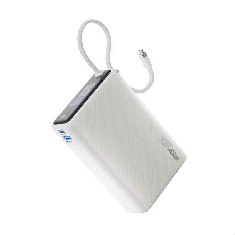 Promate 35W SuperSpeed Power Bank with Built-in USB-C Cable & TFT Screen White (TITAN-35W-WHT)