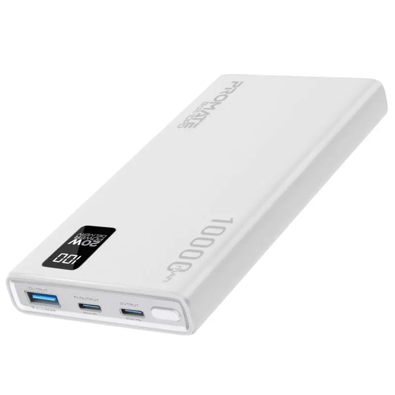 Promate Compact Smart Charging Power Bank with 20W PD Dual USB-C and 22.5W USB-A Ports  WHITE (BOLT-10PD-WHITE)