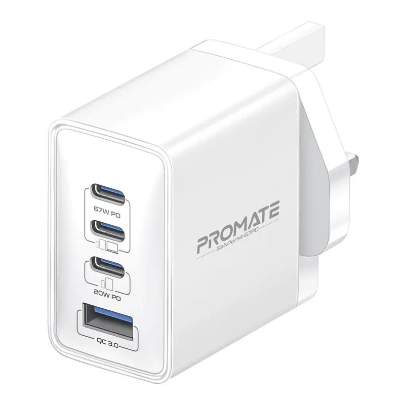 Promate 67W Power Delivery GaNFast™ Charger with Quick Charge 3.0 White (GANPORT4-67PD-WHITE)