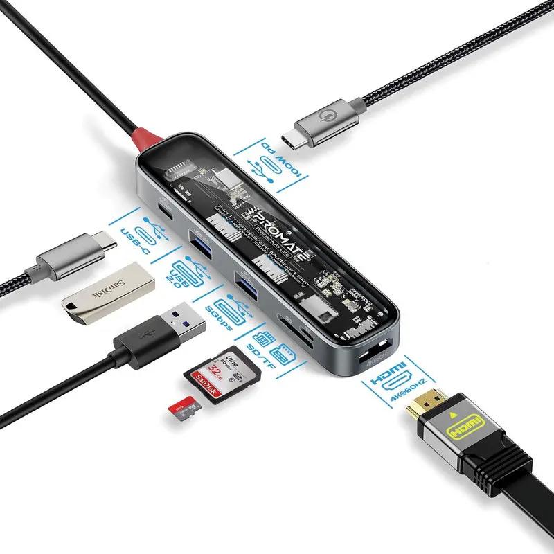 Promate 7-in 1 Transparent Multiport Slim USB-C Hub with 100W Power Delivery  (TRANSHUB-LITE)