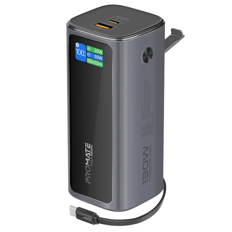 Promate Ultra Compact 130W Multi-Port Power Bank with Retractable USB-C Cable & TFT LCD Screen (TITAN-130RC)