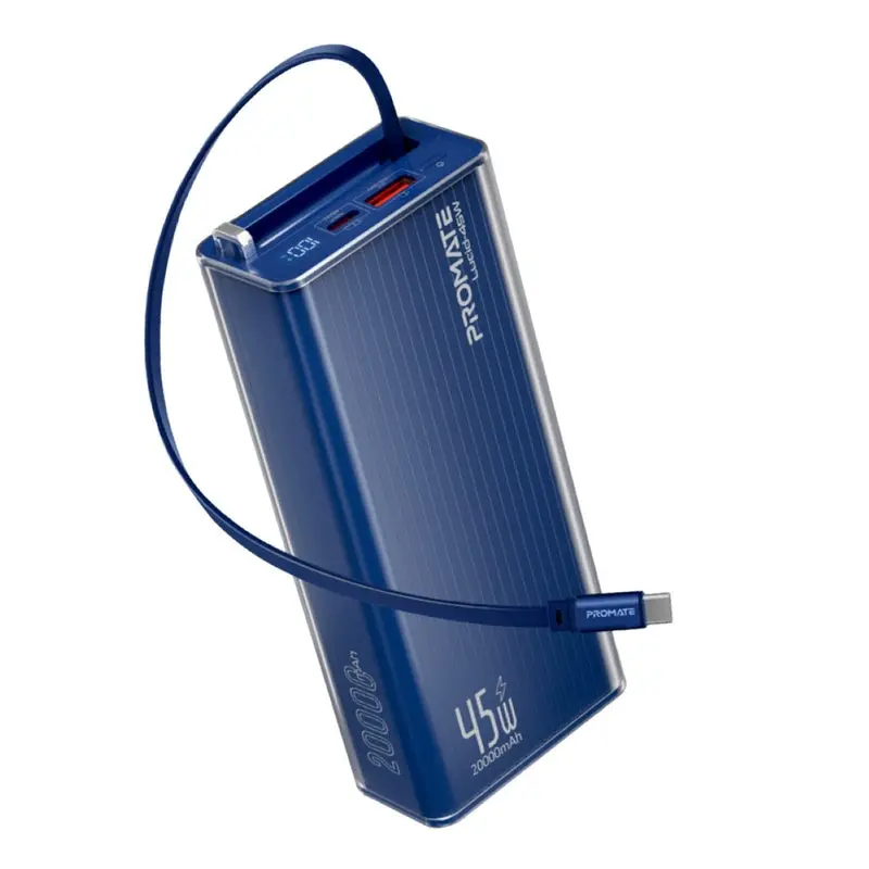 Promate 20000mAh Power Bank with Retractable USB-C Cable  BLUE (LUCID-45W-BLUE)