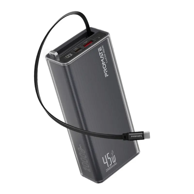 Promate 20000mAh Power Bank with Retractable USB-C Cable BLACK (LUCID-45W-BLACK)