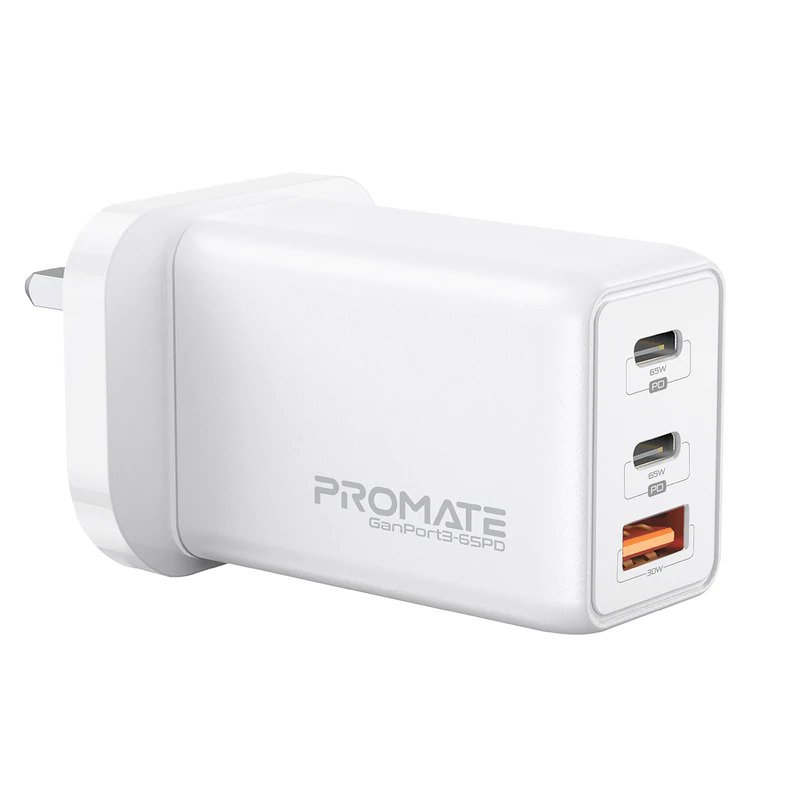 Promate Wall Socket Charger White GANPORT3-65PD.UK-WT (2XUSB-C, 1XUSB-A)