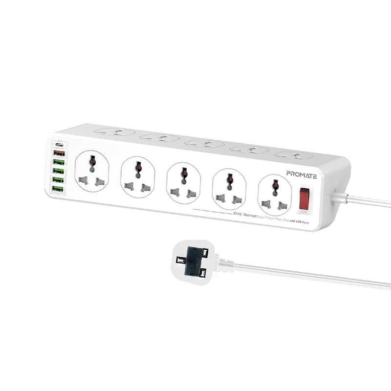 Promate 10AC Socket Space Efficient Power Strip with USB Ports POWERMATRIX-3M.UK