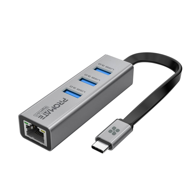 Promate Multi-Port USB-C Hub with Ethernet Adapter (USB 3.0 Ports, 5Gbps Sync, 1000Mbps Ethernet as icons)  GIGAHUB-C