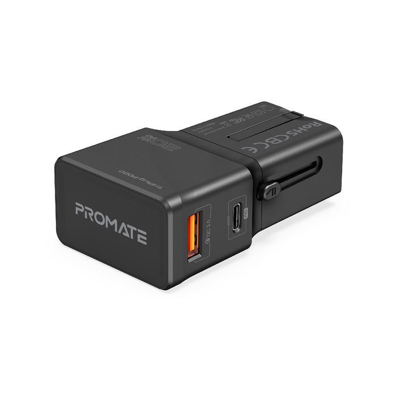 Promate Sleek Universal Travel Adapter with 20W Power Delivery & Quick Charge 3.0 (TriPlug-PD20)