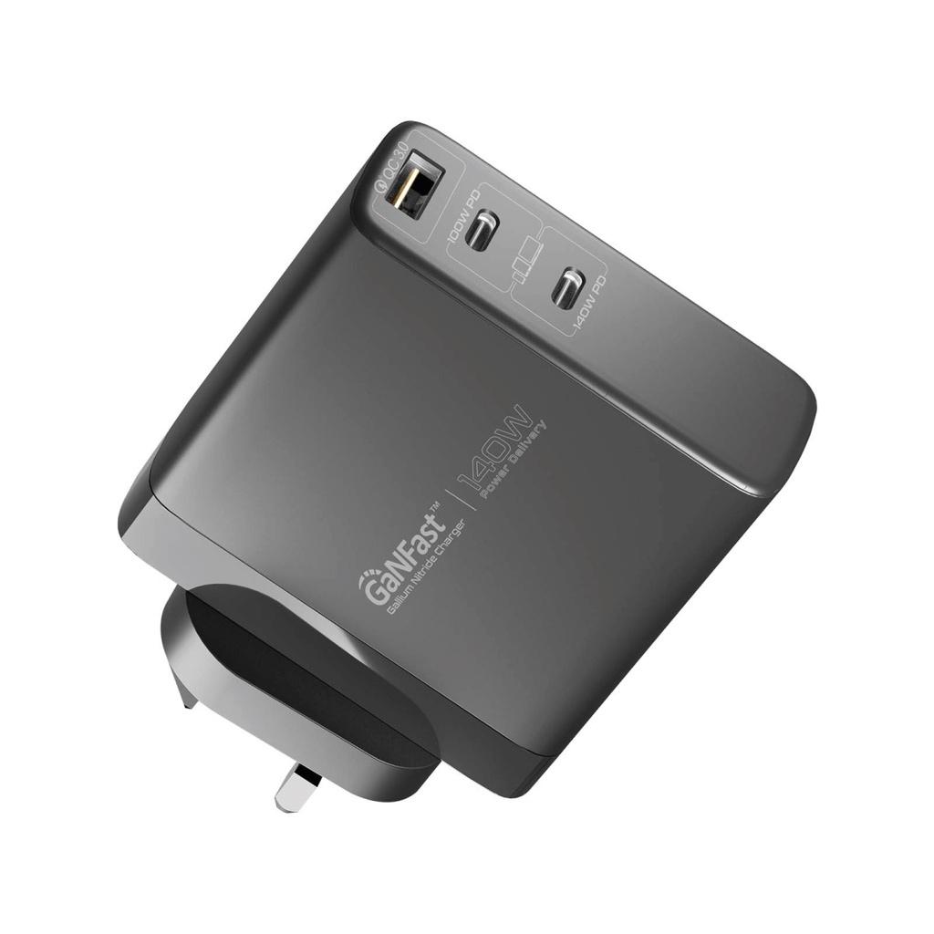 Promate 140W USB-C GaN Charger with 140W Type-C PD 3.1 Port, 100W PD 3.0 USB-C Port and 30W QC 3.0 Port, GaNCharge-140W (GANCHARGE-140W.UK-BK)