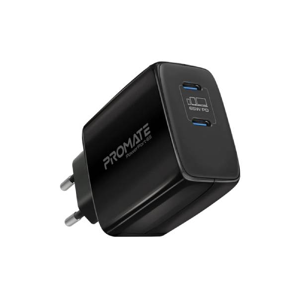 Promate 65W Super Speed GaNFast® Charging Adapter with Dual USB Ports (PowerPort-65)