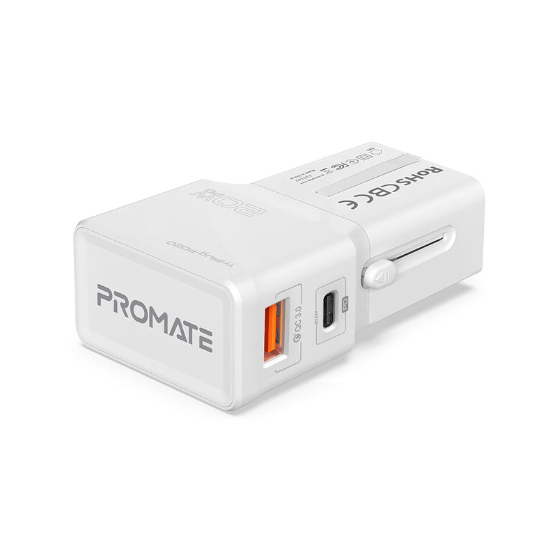 Promate Sleek Universal Travel Adapter with 20W Power Delivery & Quick Charge 3.0 (TriPlug-PD20.WHITE)
