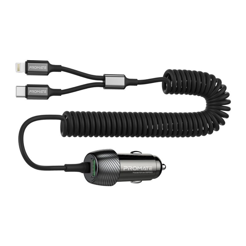 Promate 33W Car Charger with Lightning Connector & USB-C Cable (PowerDrive-33PDCI)