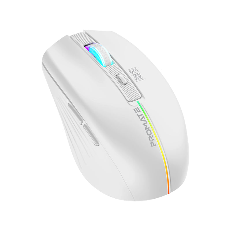Promate 2.4GHz Wireless Ergonomic Optical Mouse with LED Rainbow Lights Kitt.White