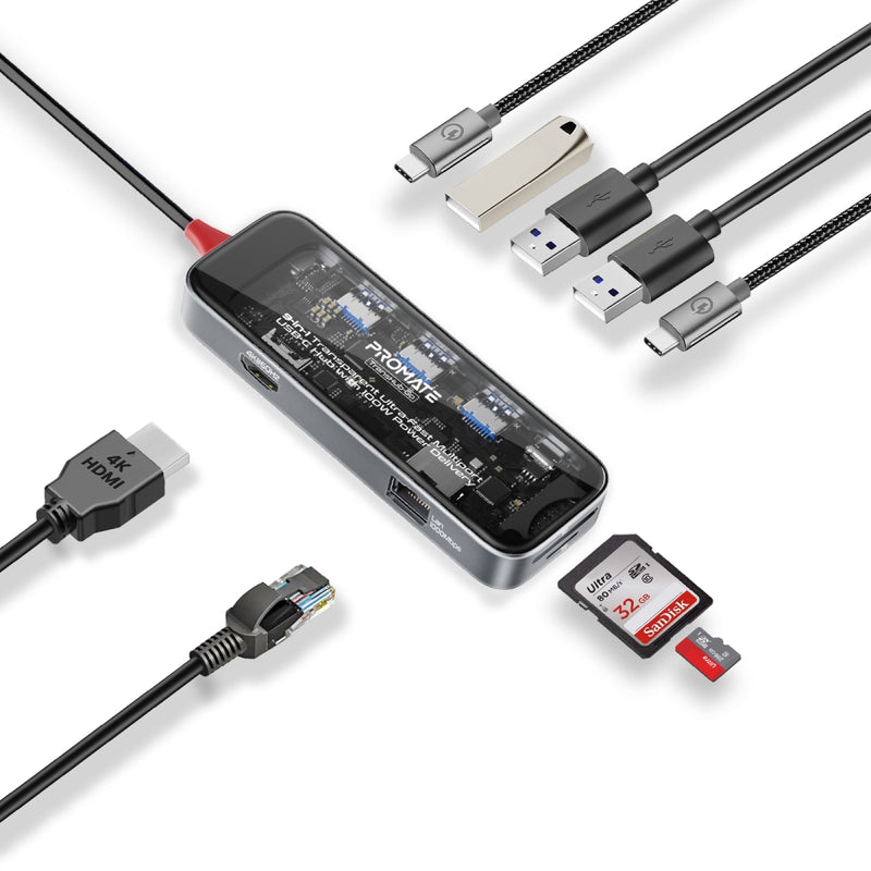Promate 9-in 1 Transparent Ultra-Fast Multiport USB-C Hub with 100W Power Delivery TRANSHUB-GO