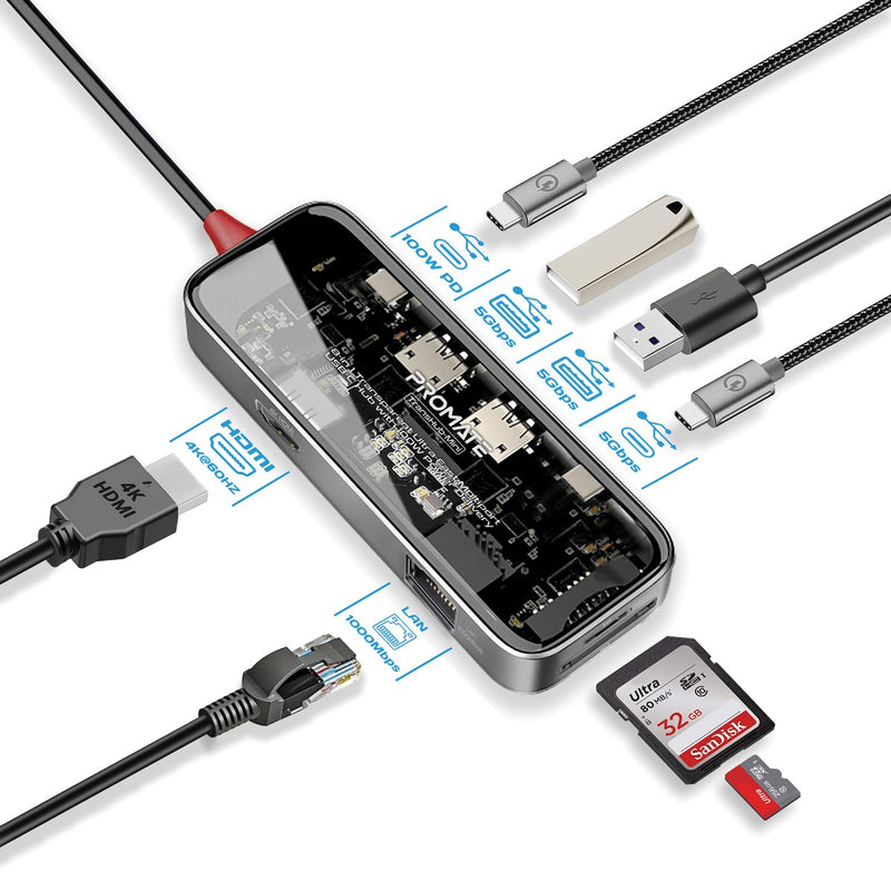 Promate 8-in 1 Transparent Ultra-Fast Multiport USB-C Hub with 100W Power Delivery TRANSHUB-MINI