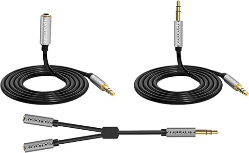 [PRO-CABLE-AUXKIT.BLACK] Promate AUXKIT.BLACK 3‐in‐1 Auxiliary cable kit with 3.5mm Audio Cable, Audio Cable Splitter and Audio Cable Extender
